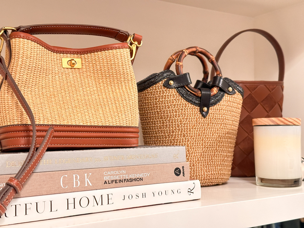 Small bags and books on closet shelf.