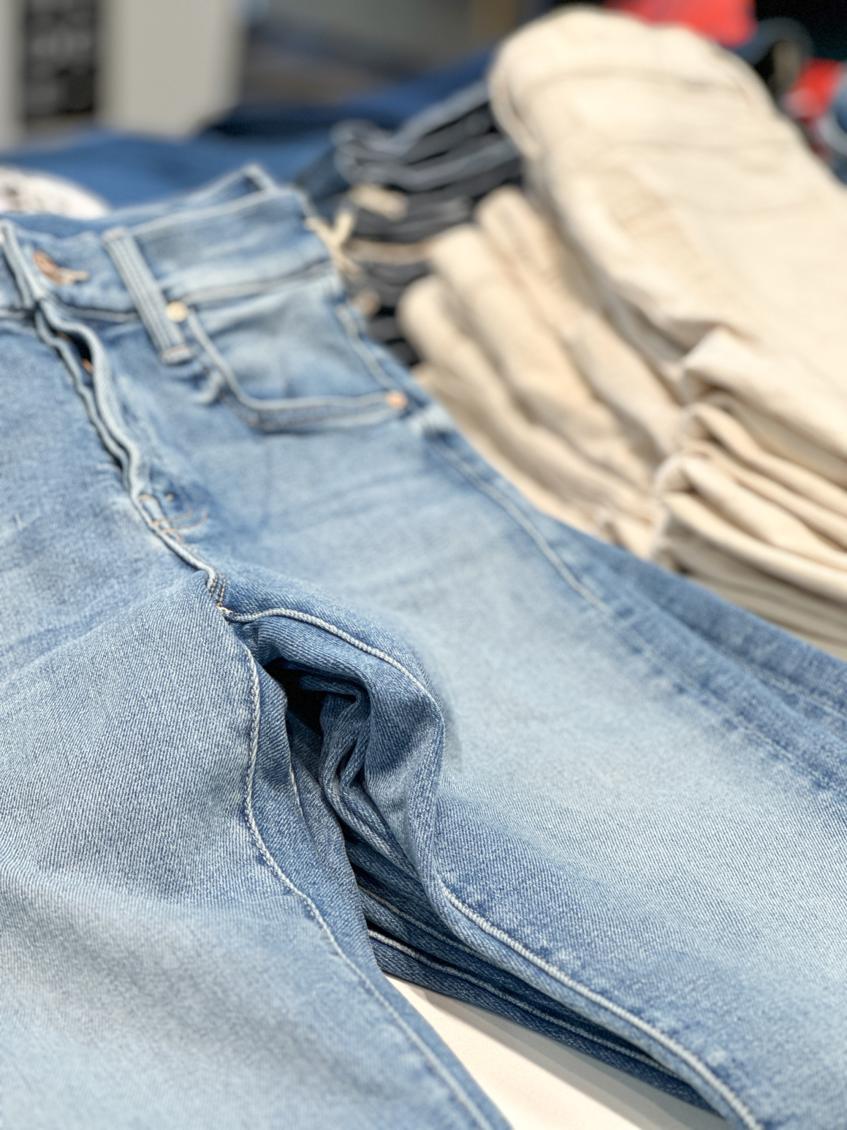 Blue and warm white Mother Denim at Flaunt boutique.