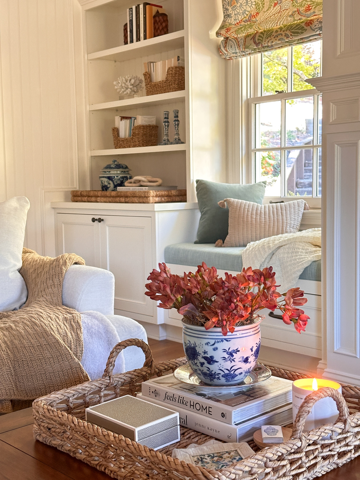 Family room decorated with fall stems.