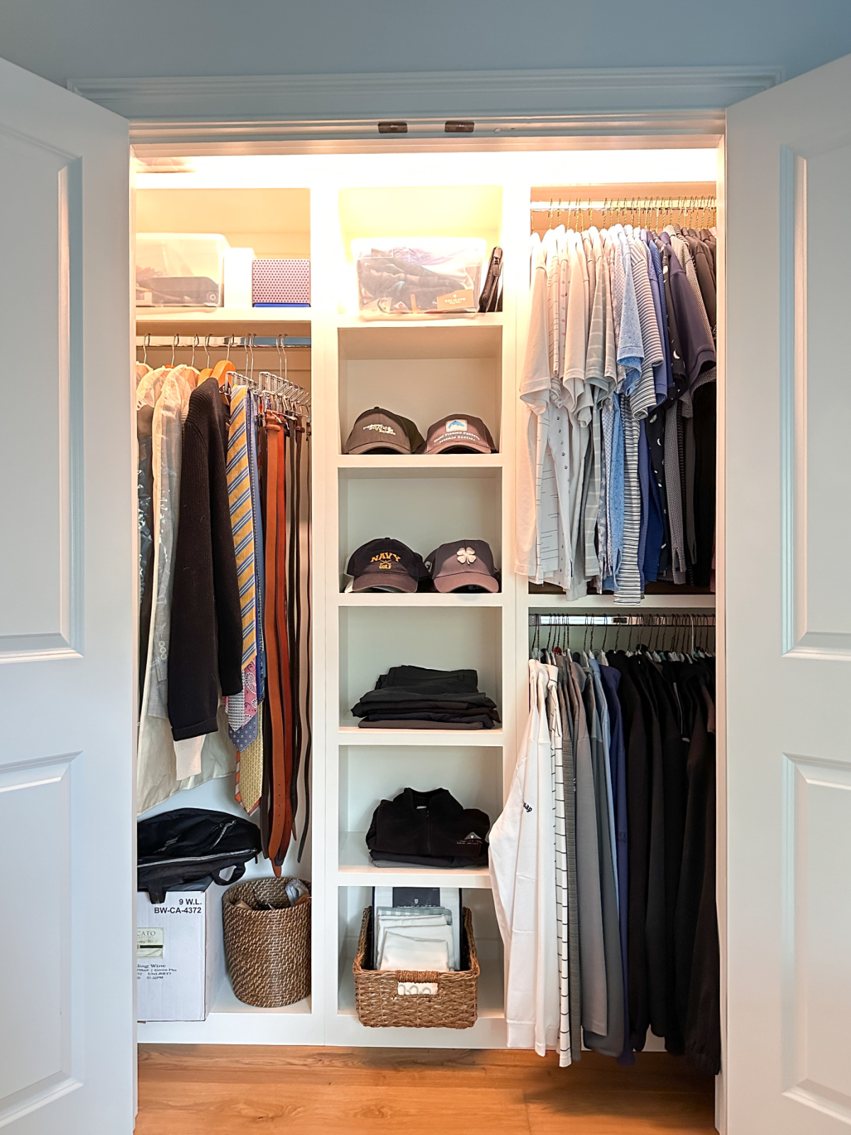 Men's reach in closet.