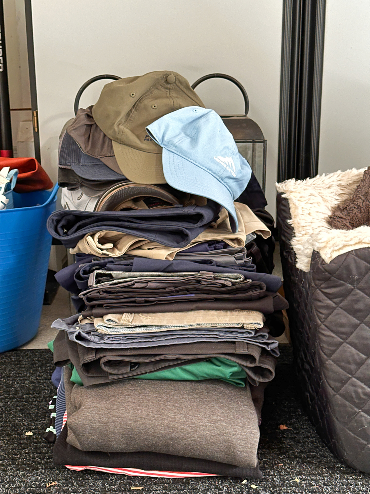 Stack of clothes for donation.