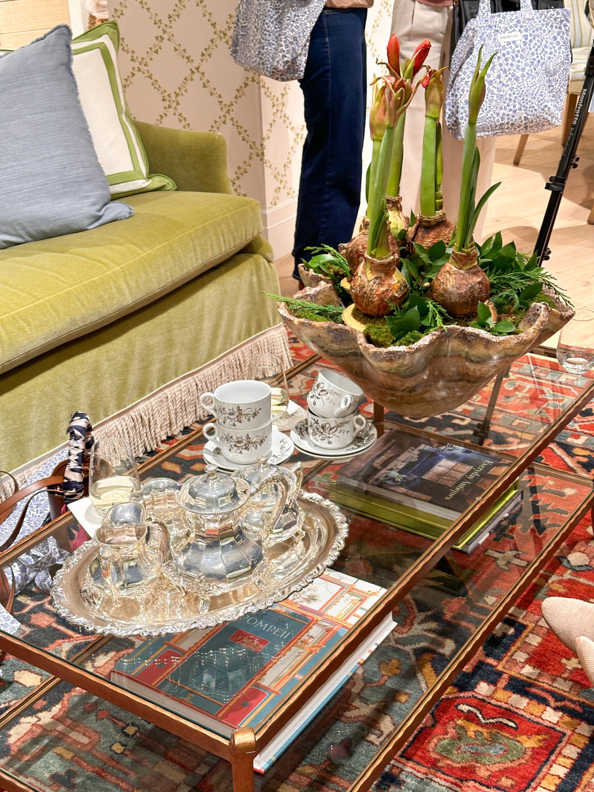 Coffee table with silver tea set.