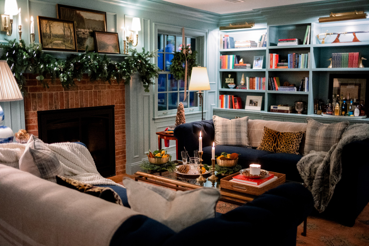 Home library decorated for Christmas.