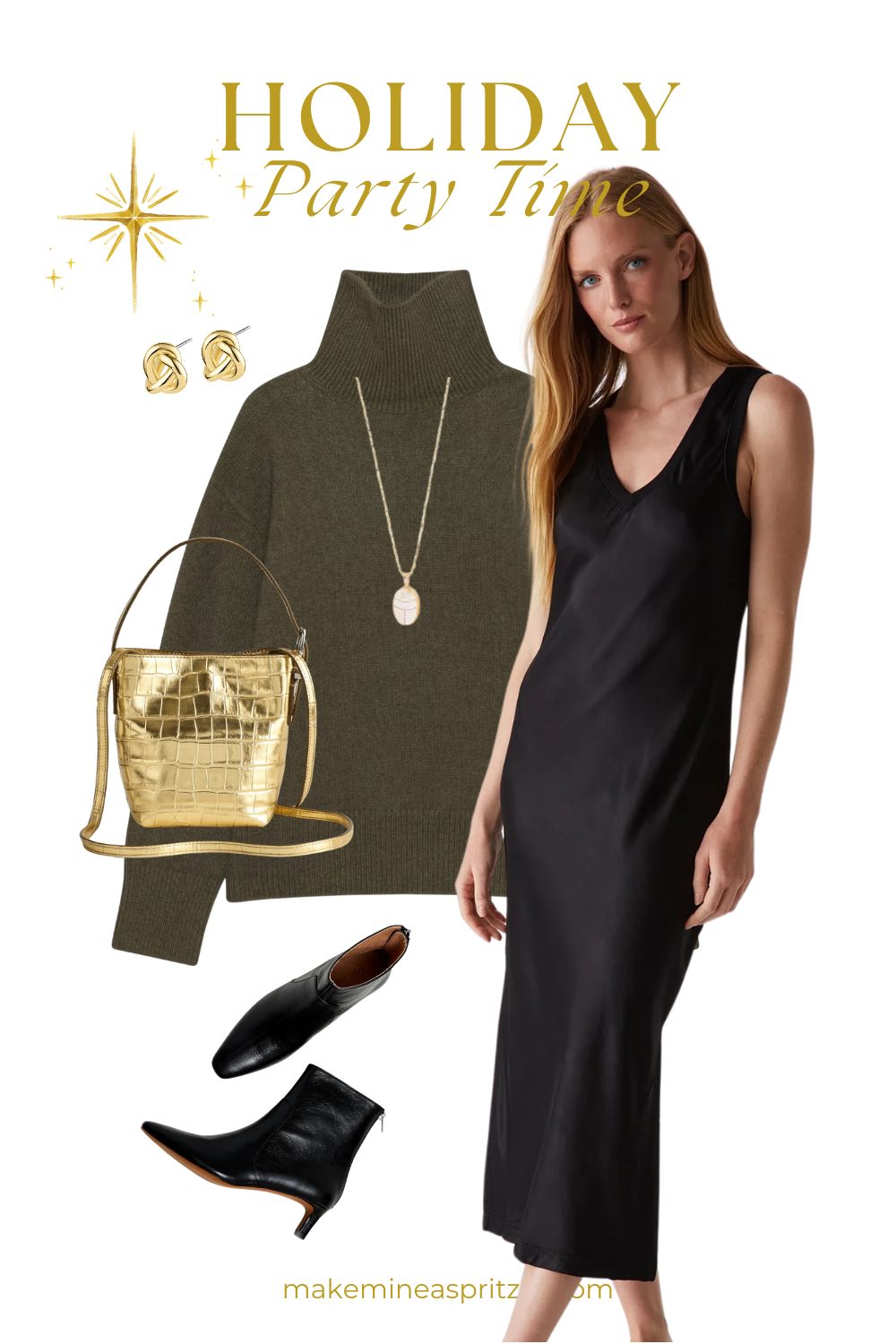 Holiday party outfit collage.
