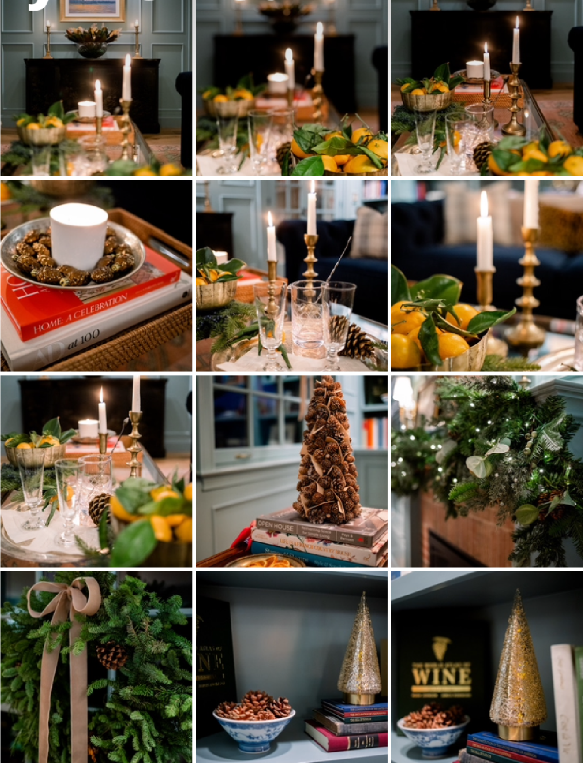 Photo grid of holiday decorations.