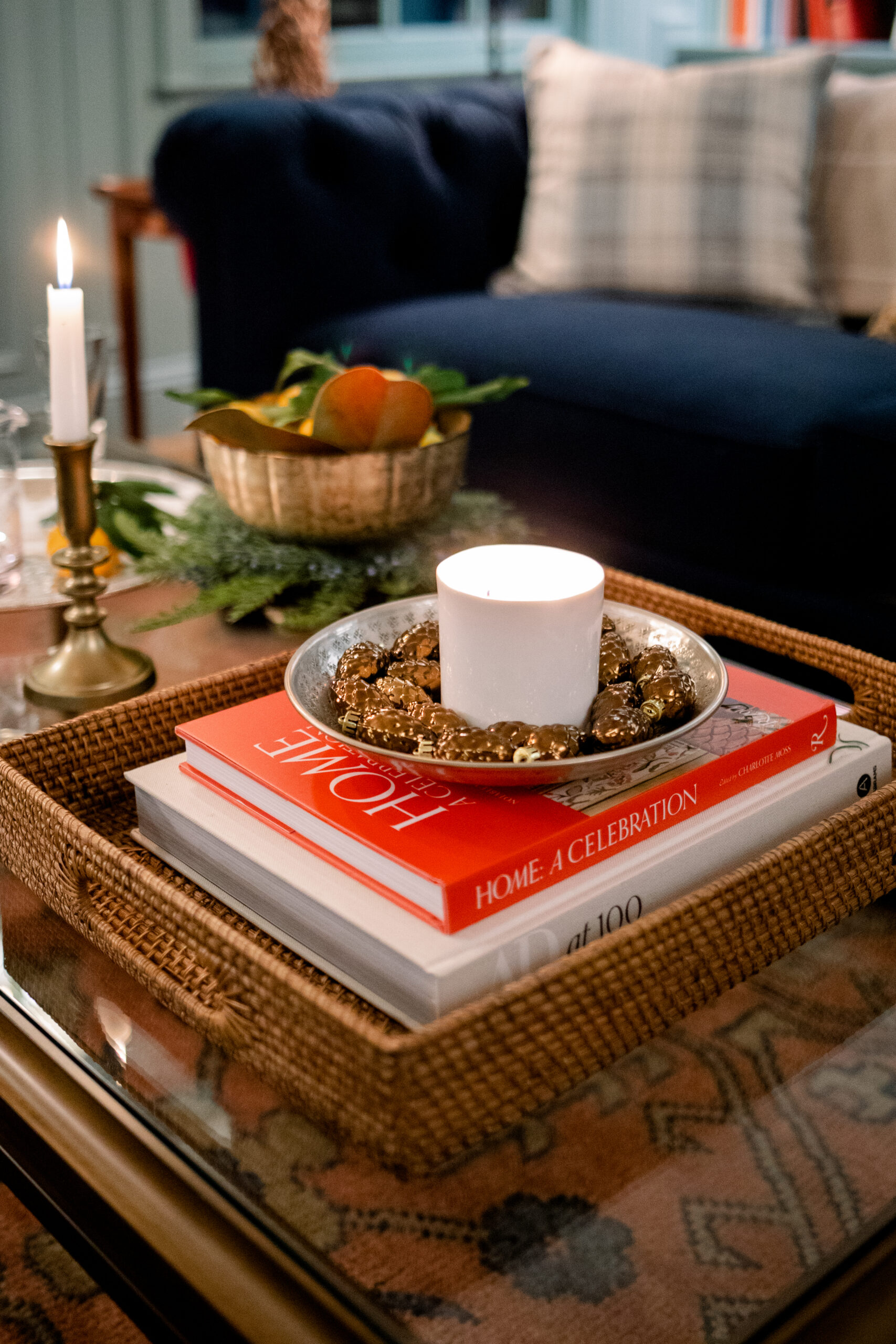 Coffee table decorated for Christmas.