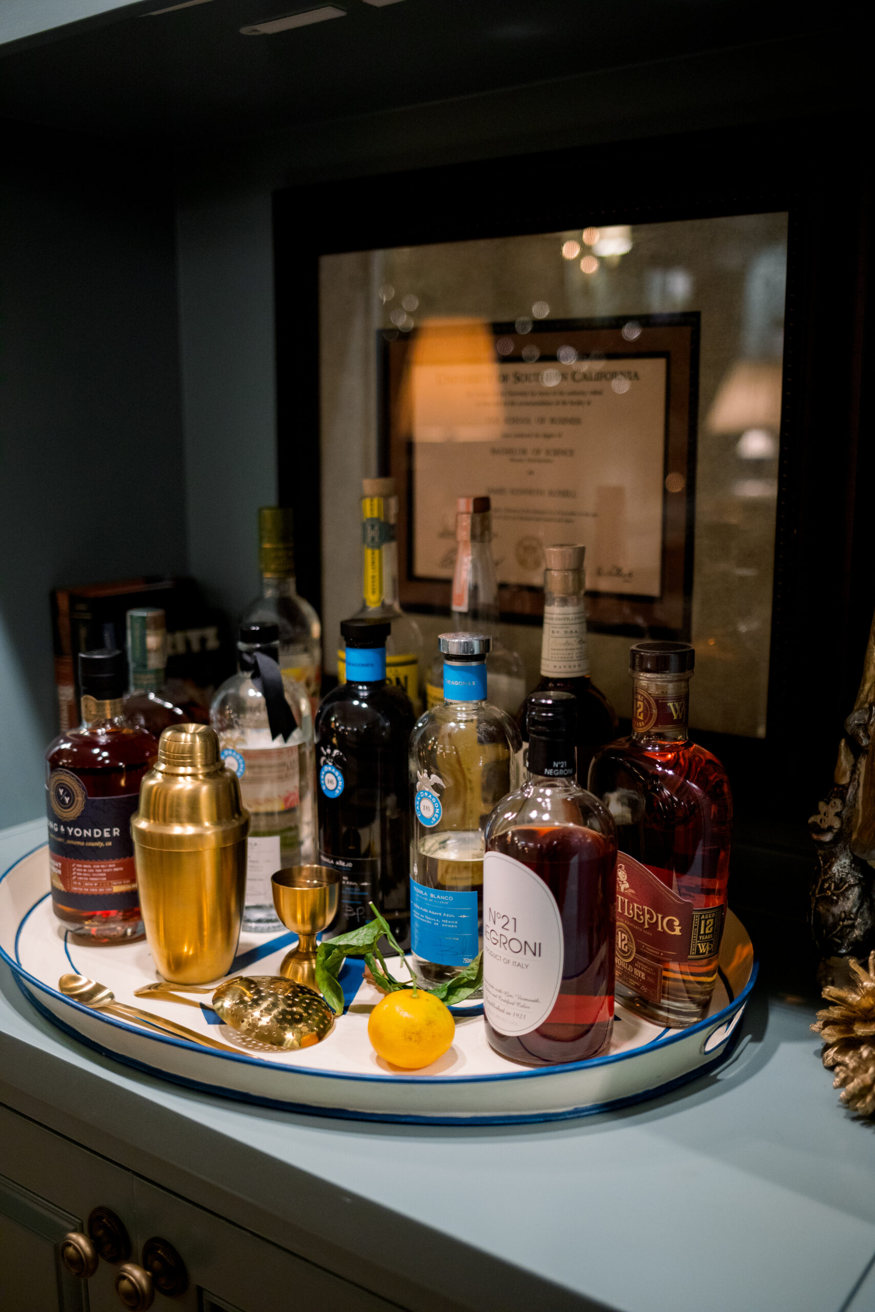 Bar tray with holiday decorations.