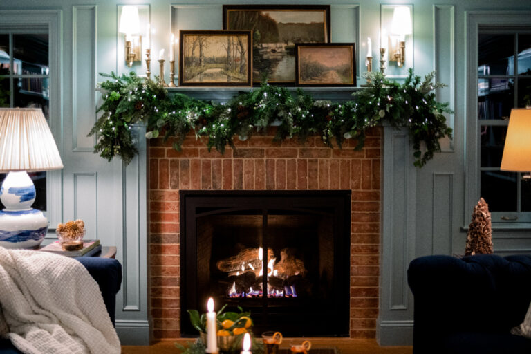 Blue library room decorated for Christmas.