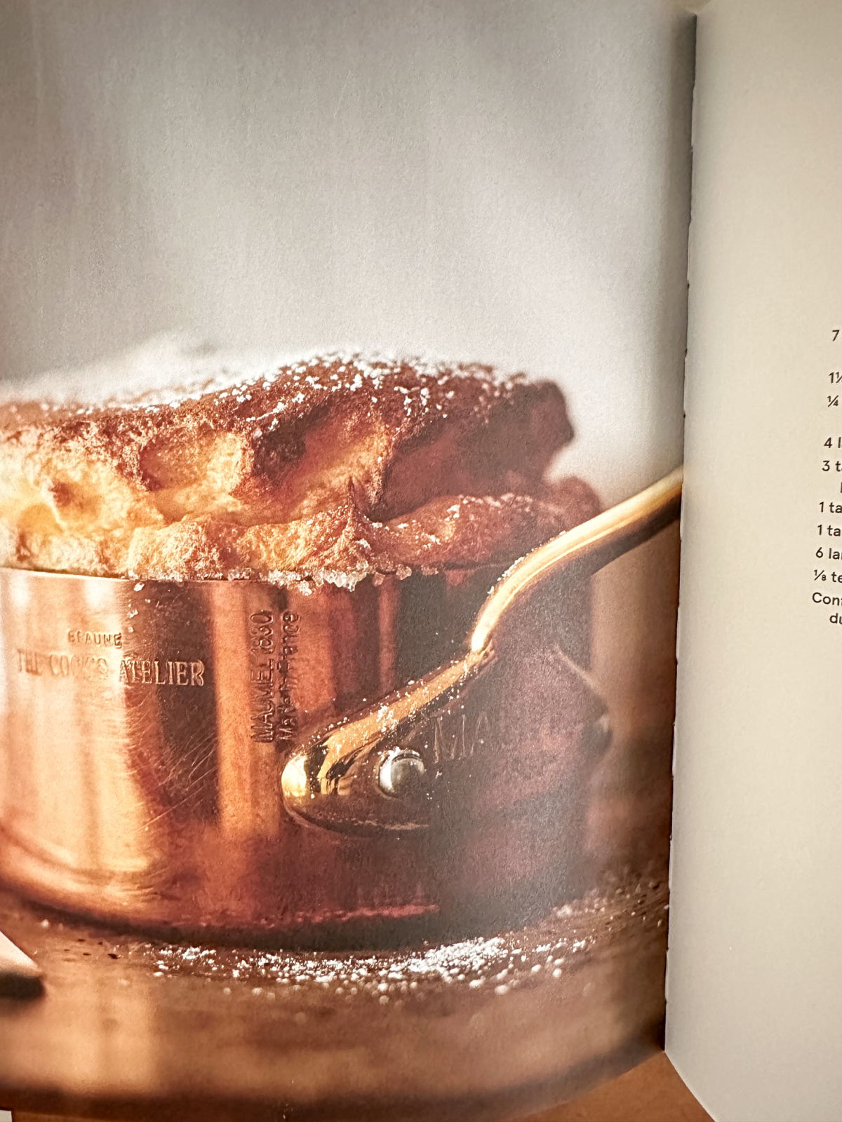 Page from The Cook's Atelier, lemon soufflé in copper pan.