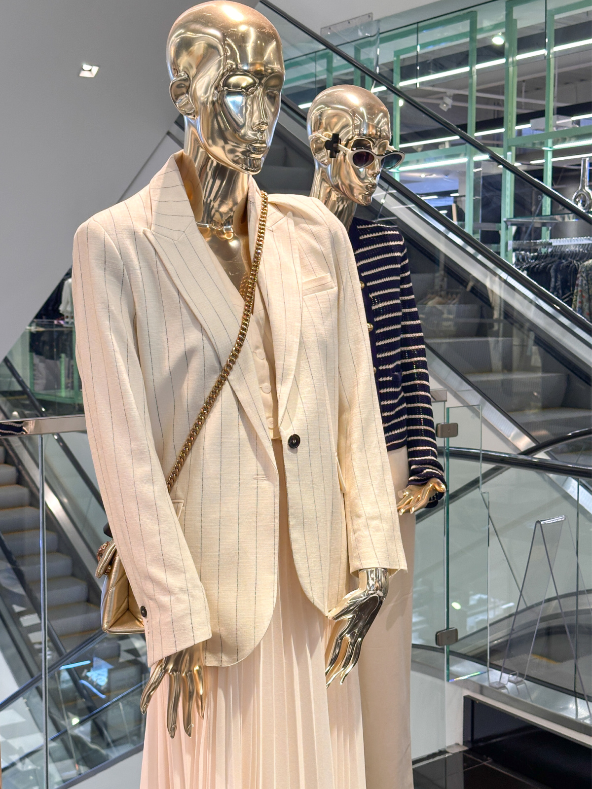 Pinstripe blazer at Bloomingdales.