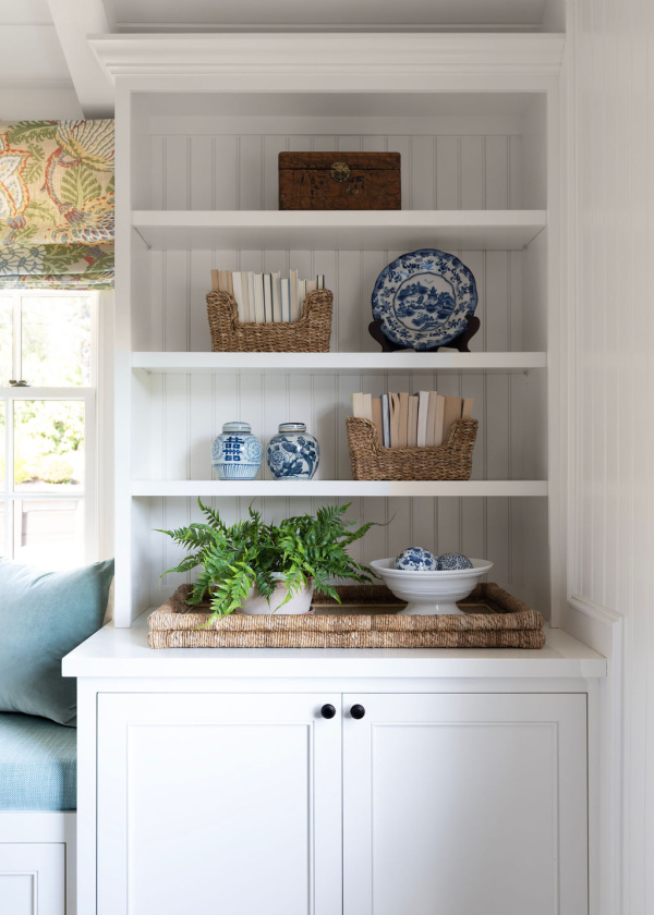 Serena & Lily tray on built-in shelf.