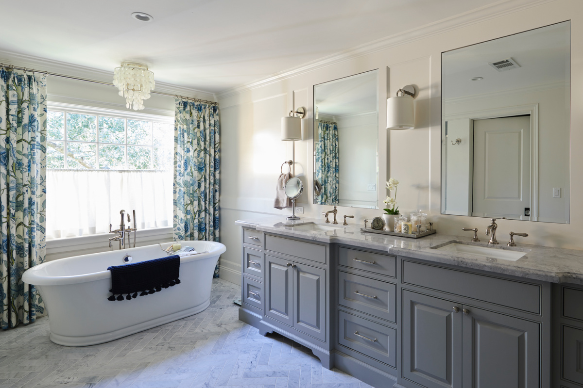 Quartzite countertops in primary bathroom.