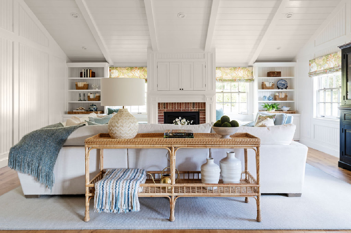 Great room with tall white ceilings.