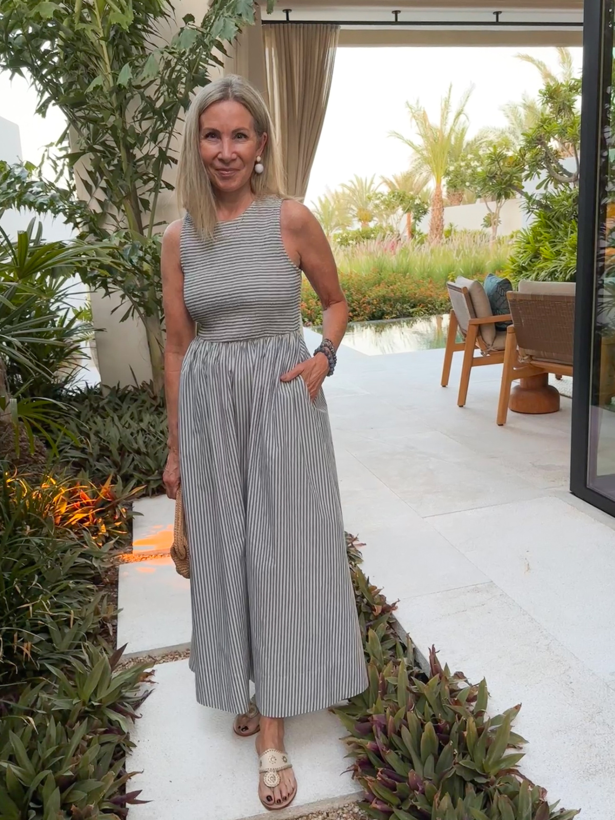 Woman wearing Marine Layer dress at the Four Seasons Cabo San Lucas.