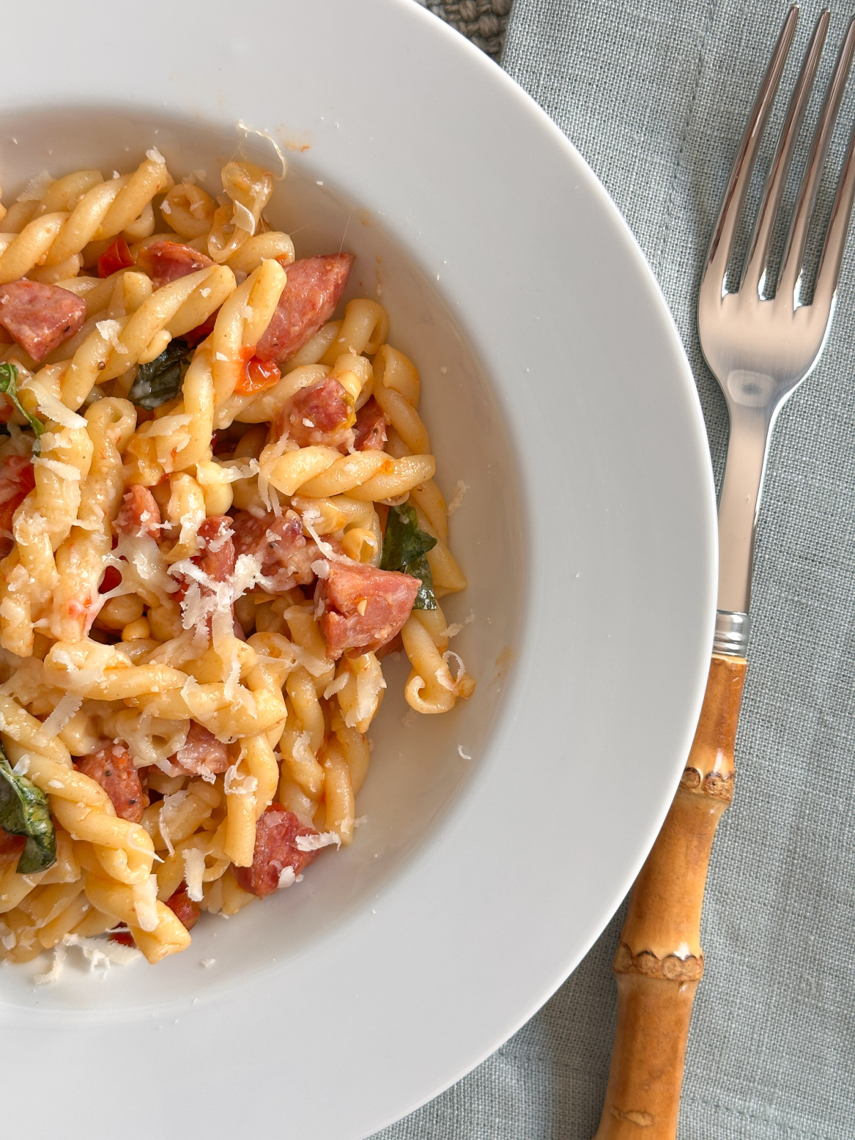 Italian sausage, tomato, basil pasta.