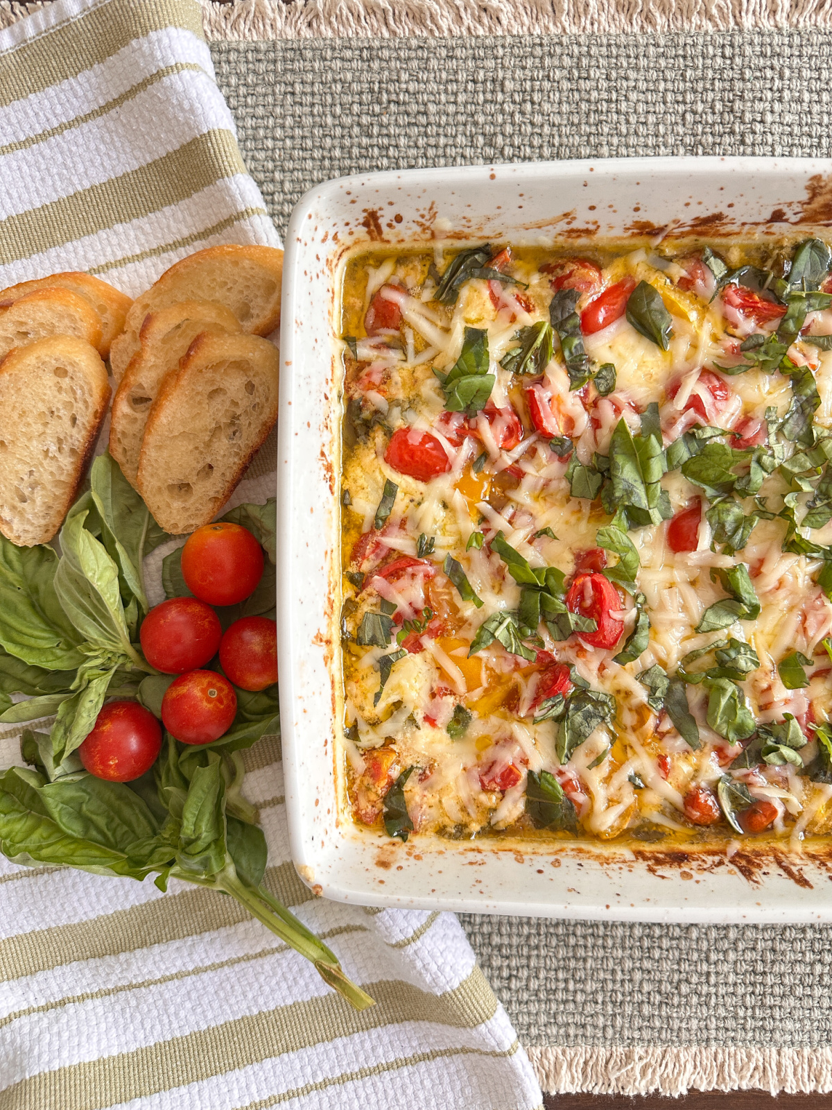 Caprese dip and toasted baguette.
