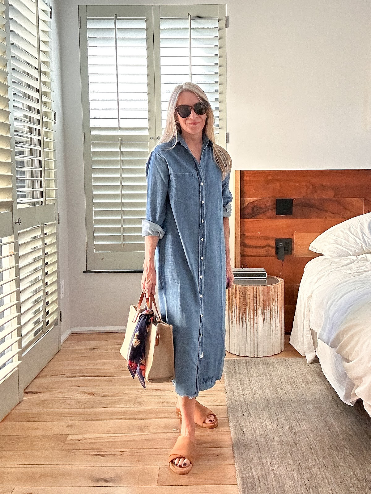 Woman wearing Frank & Eileen Rory shirt dress.