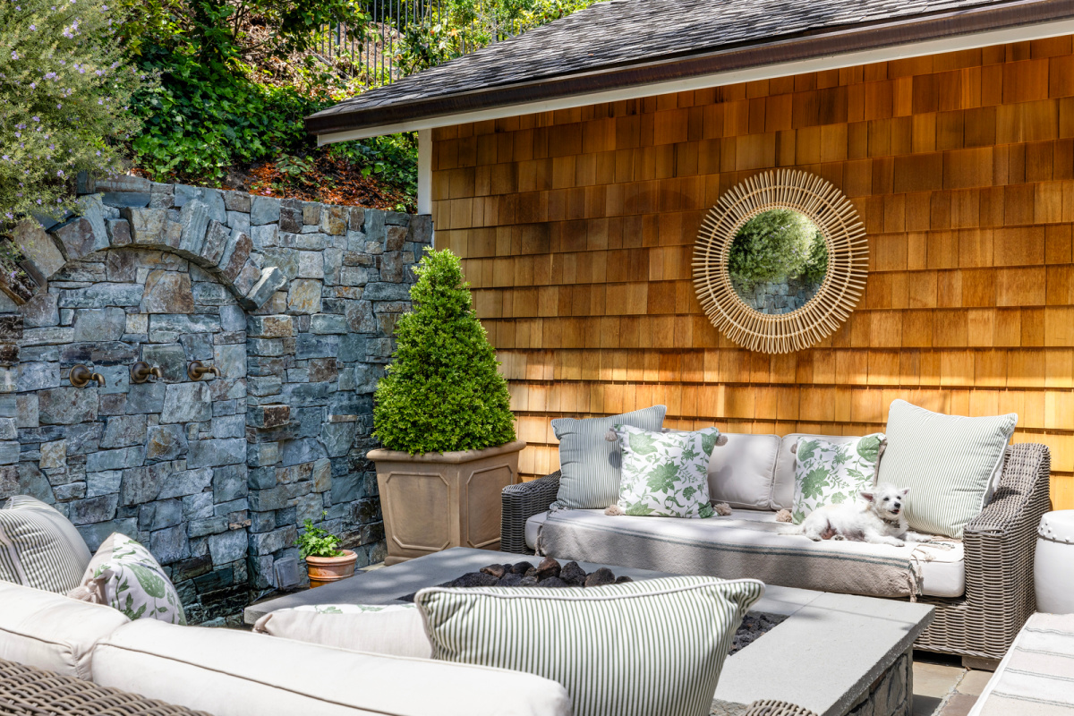 Backyard patio and water feature.