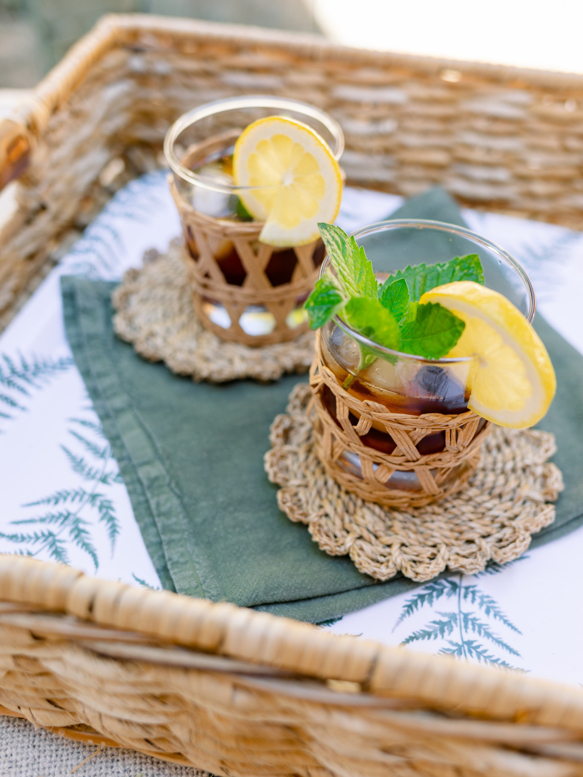 Ice tea glasses on Serena & Lily patterned tray.