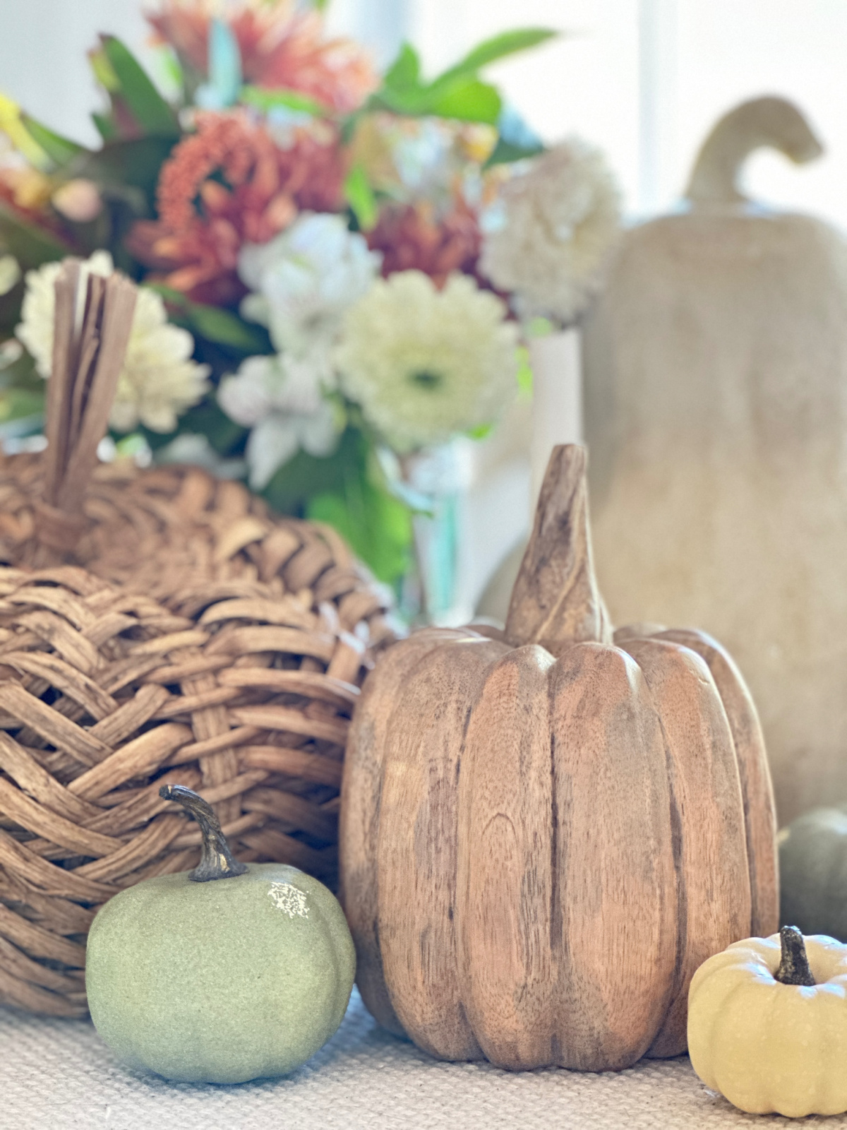 Close up look at fall themed centerpiece.