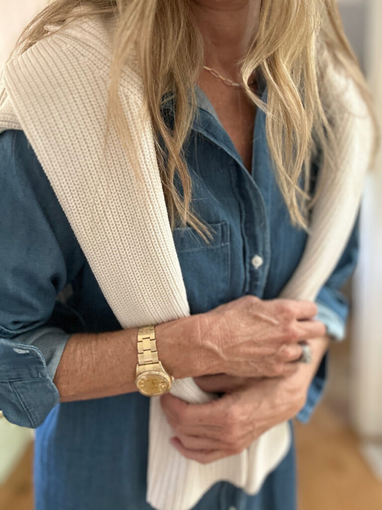 Woman wearing Frank & Eileen shirt dress and Anthropology sweater.