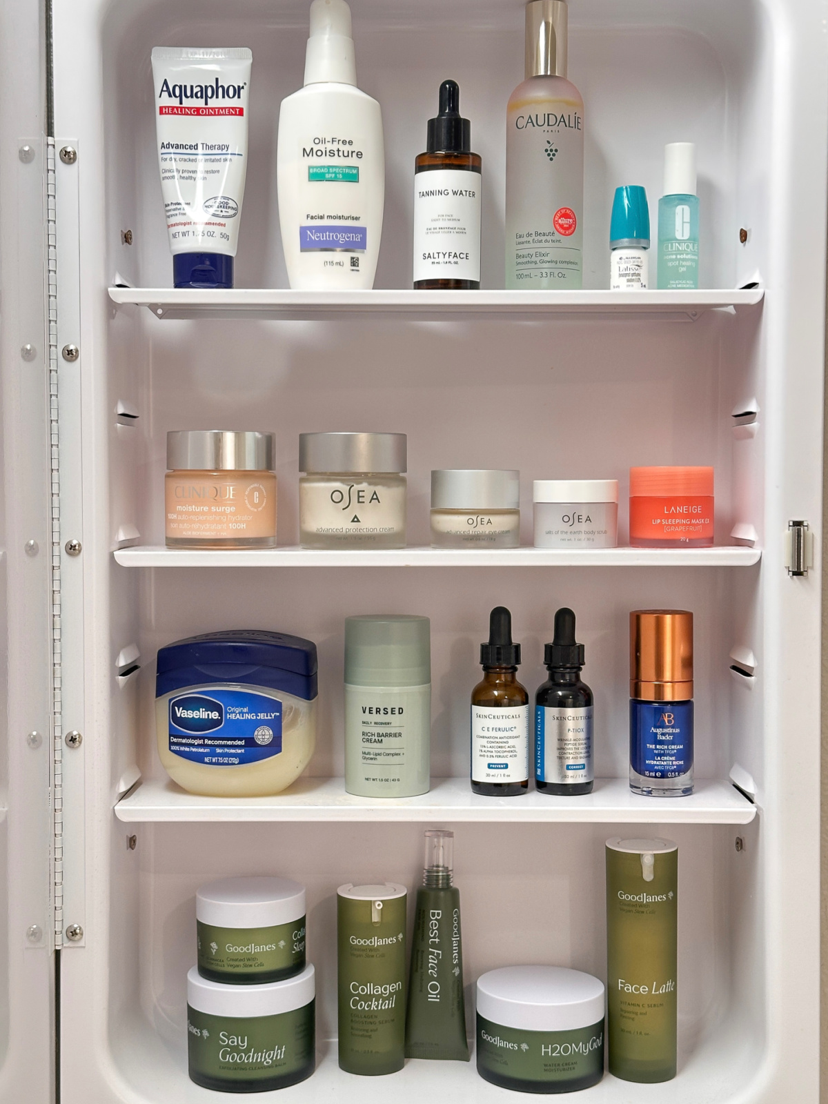 Medicine Cabinet full of skincare products.