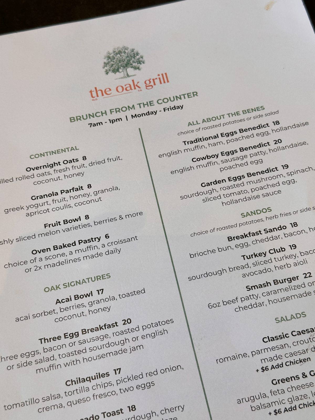 The Oak Grill menu.