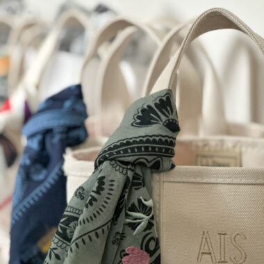 Linke of LL Bean Boat & Tote bags with scarves tied to handles.