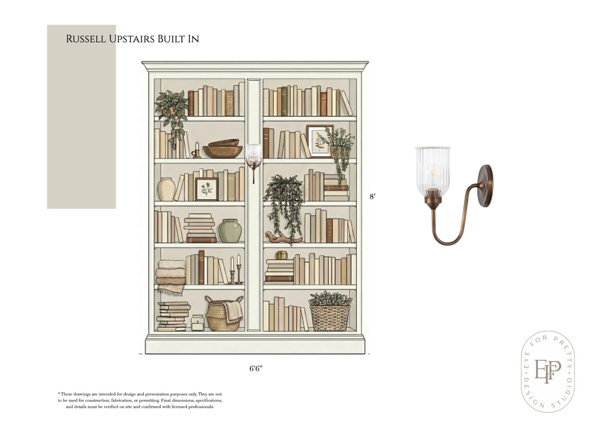 Eye for Pretty design rendering of bookcase design.