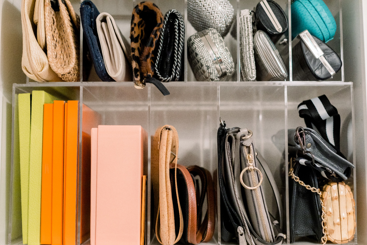 Bags in closet shelves.